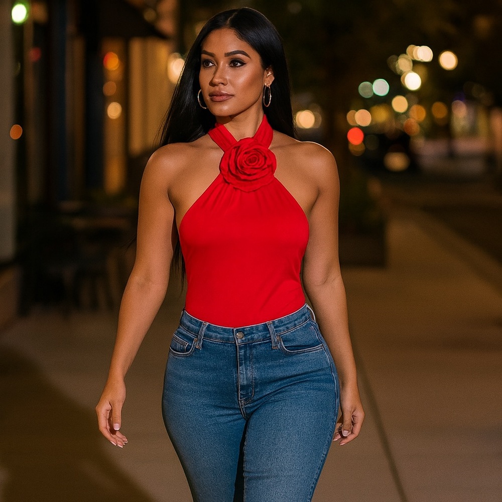 fab'rik Vibrant Red Rose Bodysuit